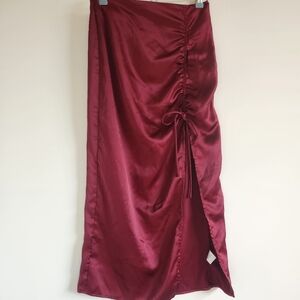 Bohme Satin Ruched Midi Skirt Burgundy Side Tie Slit Size S